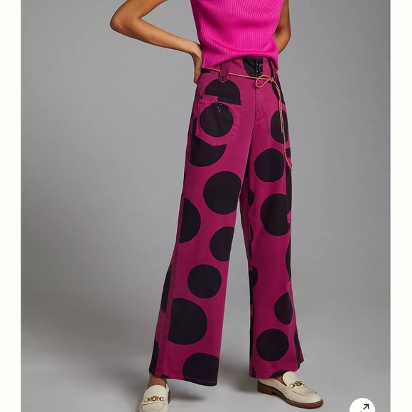 Avec Les Filles Pants - Avec Les Filles Pink and Black Polka Dot Wide-Leg Cargo Pants High Rise Medium